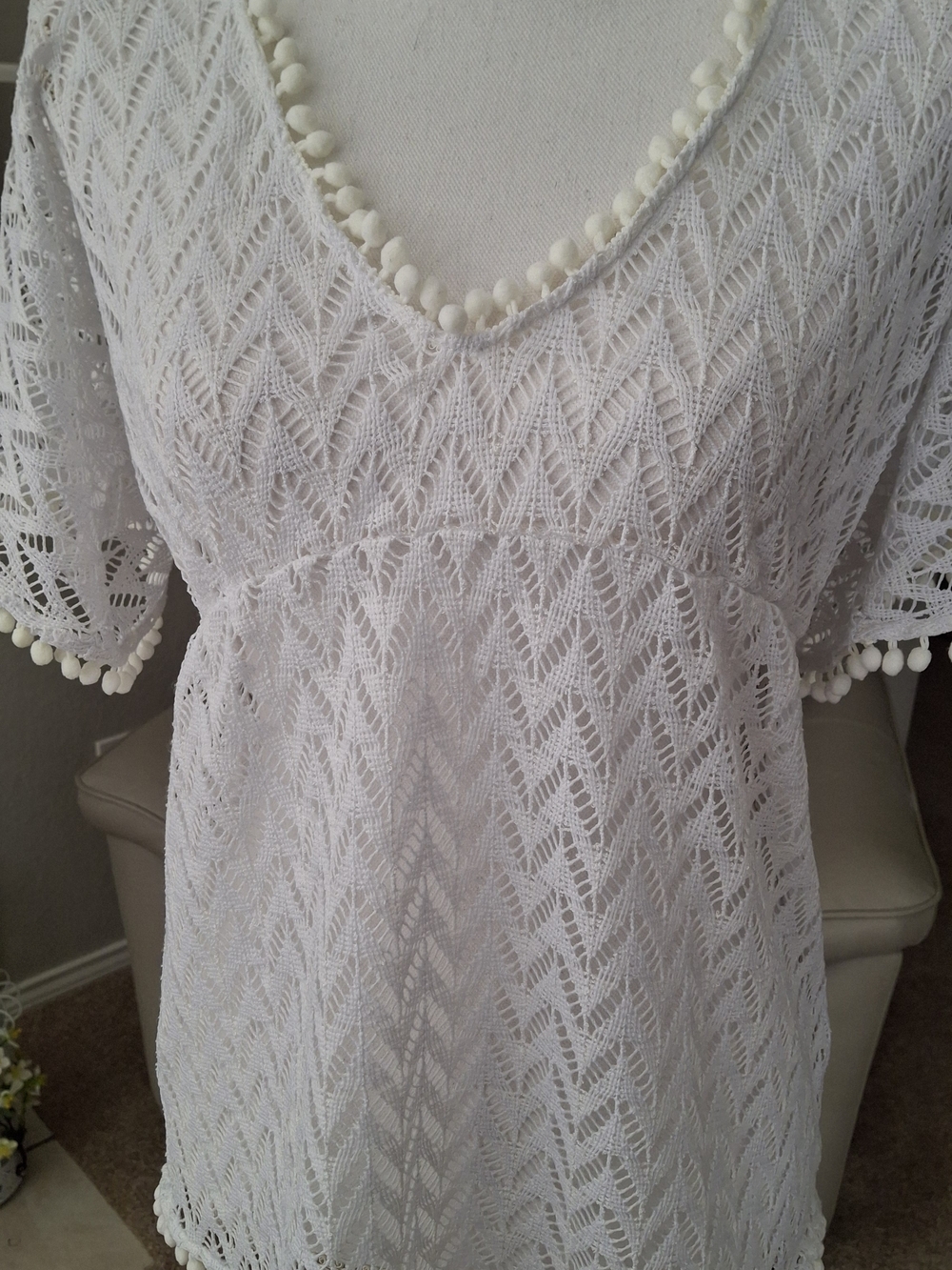 Lilly Pulitzer White Crochet Short Sleeve Top with Pom Trim